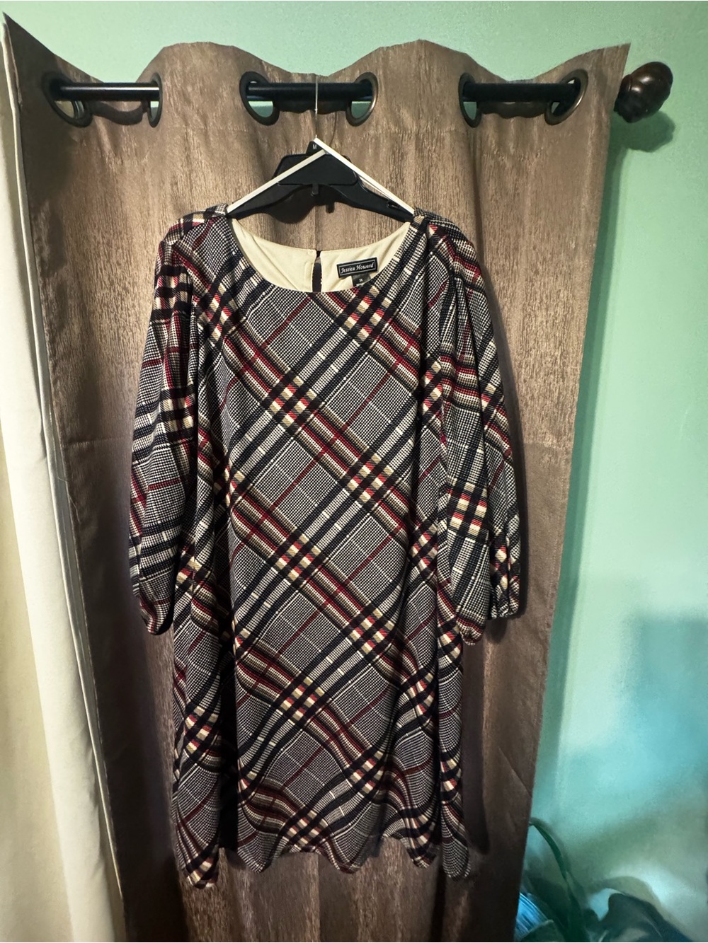 Jessica Howard Tartan Long Sleeve Shift Dress Women Size 3X Fall Black Burgundy